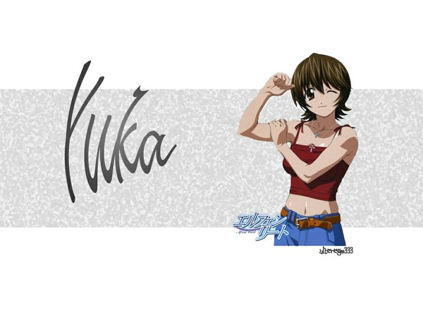 Anime picture 1024x768 with elfen lied arms corporation yuka single short hair simple background brown hair brown eyes one eye closed light smile wink inscription girl cross jeans