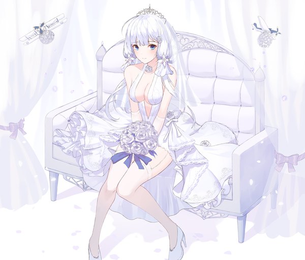 Anime picture 4518x3854 with azur lane illustrious (azur lane) illustrious (morning star of love and hope) (azur lane) jayamon single long hair looking at viewer blush fringe highres breasts blue eyes light erotic hair between eyes sitting twintails holding absurdres cleavage silver hair