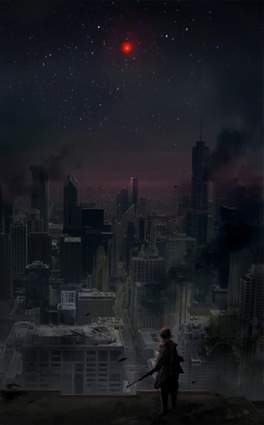 Anime picture 612x983 with sandara tall image short hair red hair from behind night night sky city smoke cityscape silhouette street weapon gun building (buildings) star (stars) ground vehicle car road skyscraper