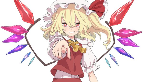 Anime picture 4332x2508 with touhou flandre scarlet kawayabug single looking at viewer fringe highres short hair simple background blonde hair smile hair between eyes red eyes wide image white background absurdres upper body fingernails one side up grin
