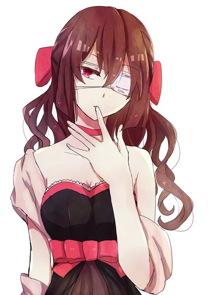 Anime-Bild 900x1275 mit original ringomaru single long hair tall image simple background red eyes brown hair white background bare shoulders looking away finger to mouth wavy hair half updo girl dress bow hair bow choker black dress