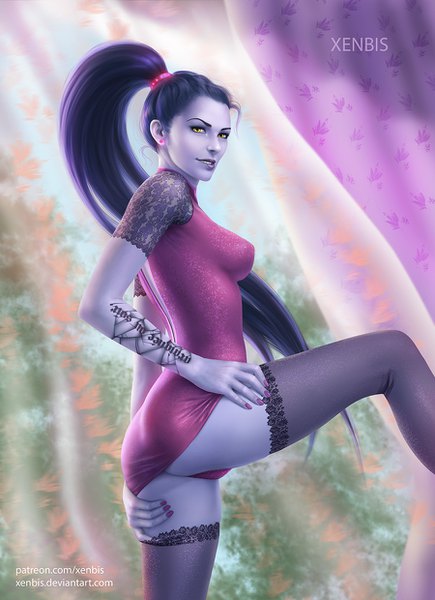 Anime picture 900x1240 with overwatch blizzard entertainment widowmaker (overwatch) xenbis single long hair tall image looking at viewer light erotic signed yellow eyes purple hair ass ponytail nail polish realistic tattoo pantyshot lipstick watermark