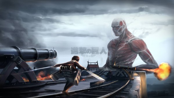 Anime picture 1280x720 with shingeki no kyojin production i.g bertolt hoover colossal titan abchipika short hair brown hair wide image holding cloud (clouds) smoke steam dual wielding giant girl weapon sword gun cannon railroad tracks