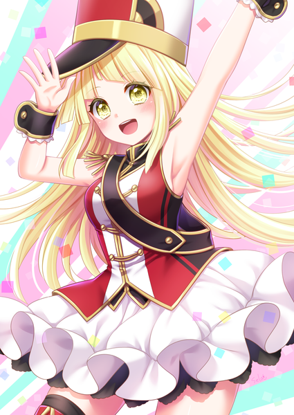 Anime picture 1000x1412 with bang dream! tsurumaki kokoro stardrop single long hair tall image looking at viewer blush fringe breasts open mouth simple background blonde hair smile standing yellow eyes :d arms up armpit (armpits) sleeveless