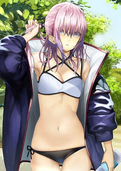 Anime picture 707x1000 with girls frontline st ar-15 (girls frontline) takatou suzunosuke single long hair tall image looking at viewer blush fringe breasts blue eyes light erotic standing holding payot pink hair cleavage outdoors parted lips multicolored hair