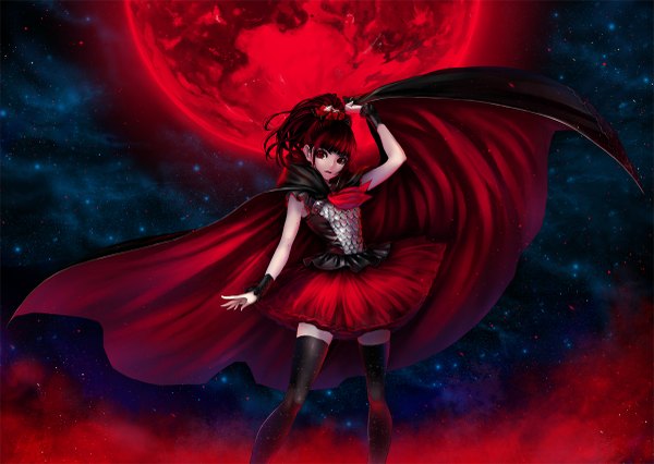 Anime picture 1200x853 with babymetal nakamoto suzuka kunishige keiichi single long hair looking at viewer fringe red eyes standing holding payot ponytail red hair blunt bangs head tilt night sparkle zettai ryouiki night sky lipstick