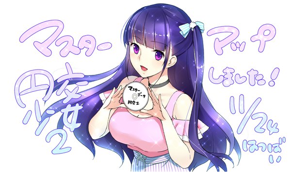 Anime picture 1920x1140 with enkou shoujo 2 ~jk idol masuzu no baai~ kurokawa masuzu koizumi amane single long hair fringe highres open mouth wide image white background purple eyes payot purple hair blunt bangs from above one side up text girl bow hair bow