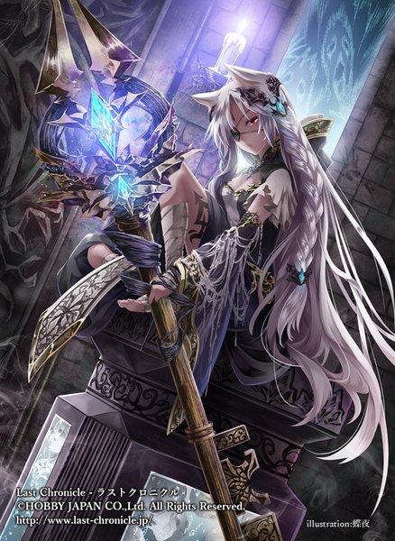 Anime picture 585x800 with original tyouya single long hair tall image looking at viewer red eyes sitting animal ears white hair braid (braids) brick wall girl dress hair ornament eyepatch candle (candles) key