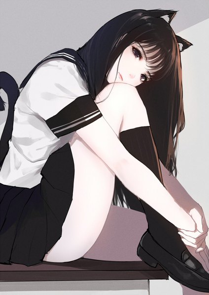 Anime picture 1000x1414 with original caidychen single long hair tall image fringe light erotic black hair simple background sitting animal ears tail blunt bangs head tilt animal tail pleated skirt black eyes short sleeves cat girl cat tail