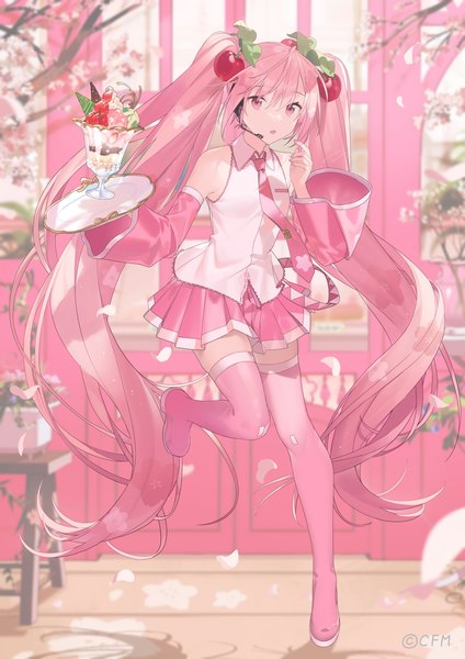 Anime picture 1100x1555 with vocaloid hatsune miku sakura miku heiwa (murasiho) single tall image looking at viewer standing twintails pink hair full body very long hair pleated skirt pink eyes :o standing on one leg girl skirt detached sleeves miniskirt