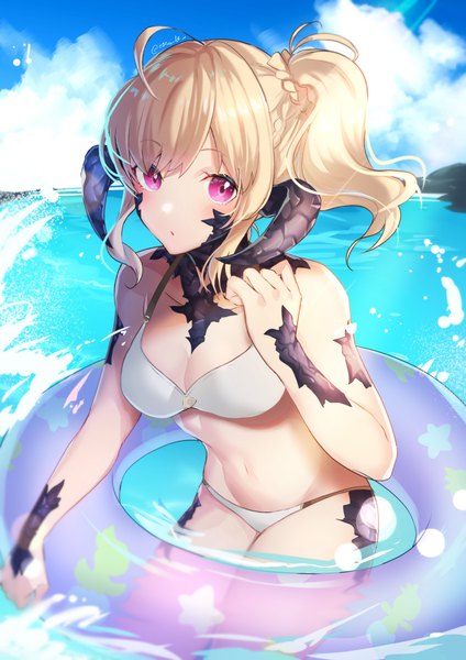 Anime picture 1000x1414 with final fantasy final fantasy xiv square enix au ra kgr single long hair tall image looking at viewer light erotic blonde hair signed payot sky cloud (clouds) ahoge pink eyes twitter username partially submerged side ponytail