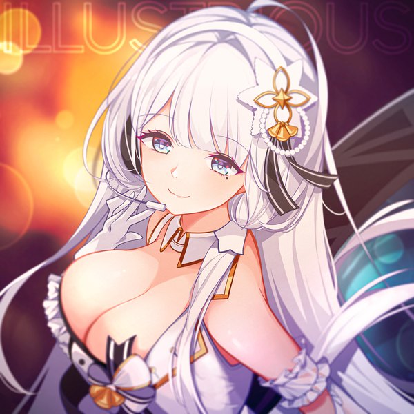 Anime-Bild 1920x1920 mit azur lane illustrious (azur lane) illustrious (muse) (azur lane) rabe26k single long hair looking at viewer blush fringe highres breasts blue eyes light erotic smile large breasts cleavage upper body white hair blunt bangs mole