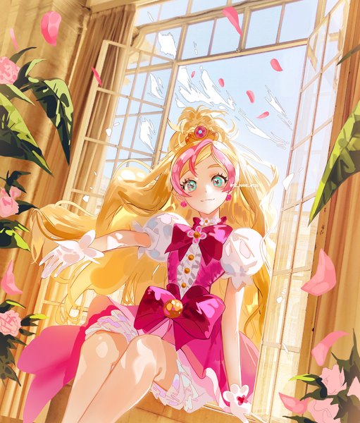 Anime picture 3024x3548 with precure go! princess precure toei animation haruno haruka cure flora nani (s2 nani) single long hair tall image highres blonde hair sitting absurdres sky multicolored hair aqua eyes wind puffy sleeves streaked hair outstretched hand