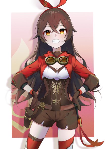 Anime picture 2315x3274 with genshin impact amber (genshin impact) mumei (mumei 7743) single long hair tall image looking at viewer blush fringe highres simple background smile hair between eyes brown hair standing yellow eyes grin border cleavage cutout outside border