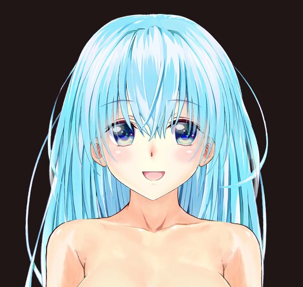 Anime picture 1080x1026 with vocaloid hatsune miku houkai single long hair looking at viewer blush fringe breasts open mouth blue eyes light erotic simple background smile hair between eyes standing bare shoulders upper body :d nude