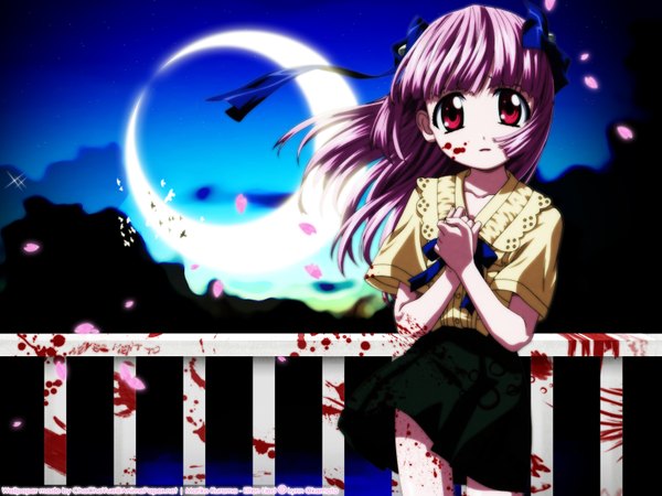 Anime picture 1600x1200 with elfen lied arms corporation mariko single long hair looking at viewer open mouth pink hair sky pink eyes horn (horns) night night sky crescent girl skirt bow ribbon (ribbons) moon blood