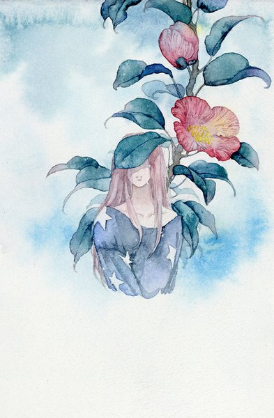 Anime picture 600x916 with original jiu chuan ying long hair tall image pink hair lips covering traditional media covering eye (eyes) watercolor (medium) girl flower (flowers) leaf (leaves)