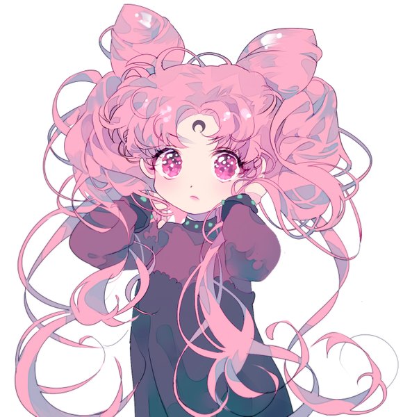 Anime picture 1407x1455 with bishoujo senshi sailor moon toei animation chibiusa black lady inhye single long hair tall image looking at viewer simple background twintails pink hair pink eyes hair bun (hair buns) adjusting hair arms behind head girl dress child (children)