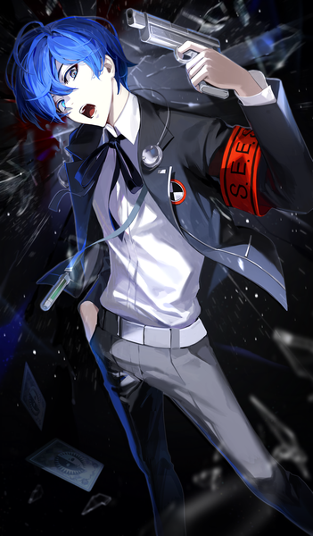 Anime picture 2046x3495 with persona 3 persona arisato minato aimitkkays single tall image looking at viewer fringe highres short hair open mouth blue eyes hair between eyes blue hair from above boy weapon gun pistol armband