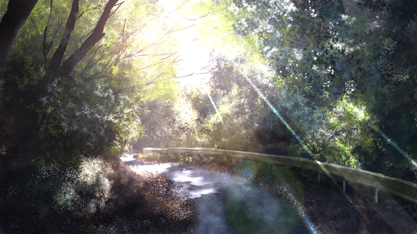 Anime picture 1920x1080 with original tsuruzen highres wide image sunlight no people landscape sunbeam nature plant (plants) tree (trees) forest road