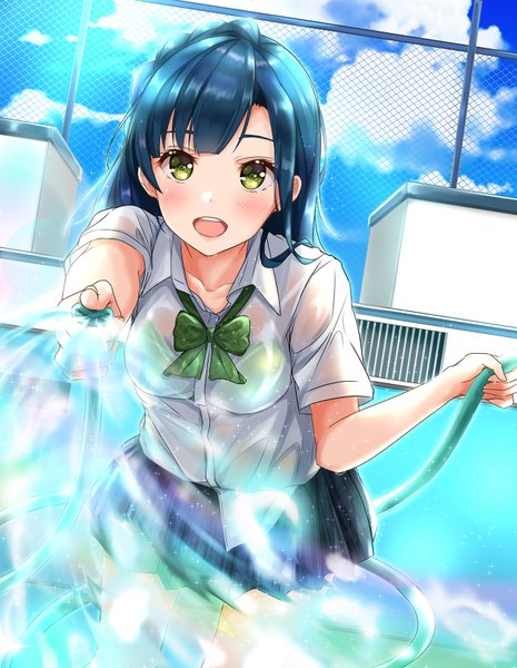 Anime picture 1304x1684 with idolmaster idolmaster million live! nanao yuriko yuzuyu (hyui) single long hair tall image looking at viewer blush fringe breasts open mouth light erotic standing holding green eyes blue hair sky cloud (clouds) braid (braids)