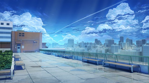 Anime picture 1920x1080 with love money rock'n'roll arsenixc vvcephei highres wide image signed sky cloud (clouds) outdoors copyright name city cityscape no people 2016 condensation trail collaboration leaf (leaves) building (buildings) railing bench
