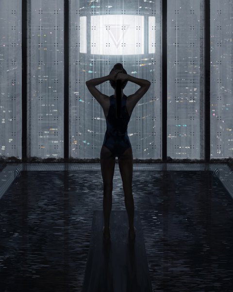 Anime picture 3277x4096 with original guweiz single long hair tall image highres light erotic black hair standing absurdres ass ponytail indoors barefoot from behind realistic night arms up bare legs city