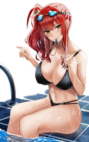 Anime picture 1000x1577 with azur lane zara (azur lane) zara (poolside coincidence) (azur lane) nicky w single long hair tall image looking at viewer blush fringe breasts light erotic simple background hair between eyes large breasts white background bare shoulders holding yellow eyes payot
