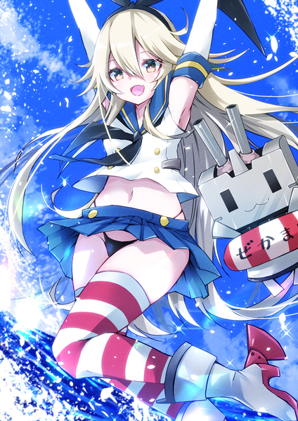 Anime picture 2480x3508 with kantai collection shimakaze destroyer rensouhou-chan yanagiba sakana single long hair tall image fringe highres open mouth light erotic blonde hair hair between eyes yellow eyes looking away :d pleated skirt arms up sparkle girl