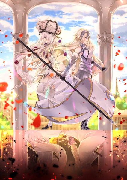 Anime picture 1061x1500 with fate (series) fate/grand order fate/apocrypha jeanne d'arc (fate) (all) jeanne d'arc (fate) marie antoinette (fate/grand order) iroha (shiki) tall image fringe breasts blue eyes blonde hair hair between eyes standing bare shoulders multiple girls holding sky silver hair cloud (clouds)