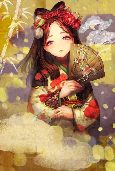 Anime picture 1000x1480 with original terai (teraimorimori) single long hair tall image looking at viewer brown hair traditional clothes japanese clothes pink eyes hair flower girl hair ornament flower (flowers) animal kimono bird (birds) fan