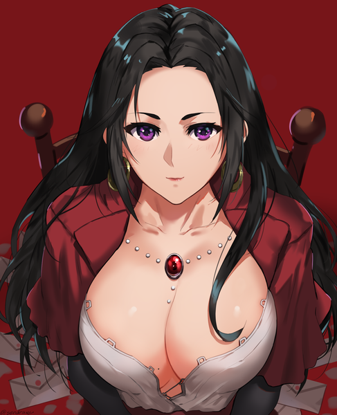 Anime picture 1694x2086 with violet evergarden kyoto animation cattleya baudelaire sendrawz single long hair tall image looking at viewer breasts light erotic black hair simple background purple eyes cleavage upper body huge breasts red background girl dress earrings