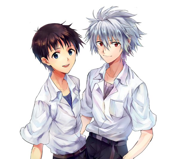 Anime picture 979x870 with neon genesis evangelion gainax ikari shinji nagisa kaworu karimero (calimer0) looking at viewer fringe short hair open mouth blue eyes simple background smile hair between eyes red eyes brown hair white background silver hair upper body :d multiple boys