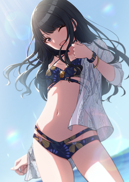 Anime picture 1254x1771 with idolmaster idolmaster shiny colors kazano hiori amochin single long hair tall image open mouth black hair standing brown eyes sky outdoors one eye closed wink mole sparkle from below dutch angle lens flare