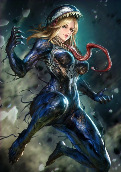 Anime picture 2480x3508 with marvel comics ann weying she-venom nudtawut thongmai single long hair tall image looking at viewer fringe highres breasts light erotic blonde hair green eyes full body bent knee (knees) parted lips fingernails realistic watermark