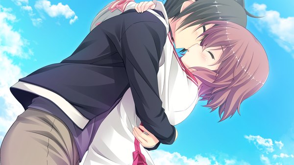 Anime picture 1280x720 with hare nochi kitto nanohana biyori blush short hair black hair brown hair wide image game cg sky cloud (clouds) eyes closed couple hug kiss girl boy