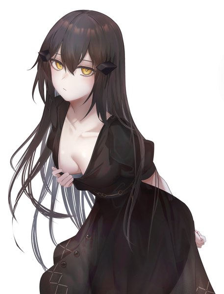 Anime picture 960x1260 with girls frontline dandelion (girls frontline) ru zhai single long hair tall image looking at viewer fringe breasts light erotic black hair simple background hair between eyes standing white background yellow eyes cleavage short sleeves leaning leaning forward