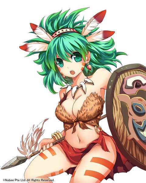 Anime picture 800x1000 with original suoni (deeperocean) single tall image short hair breasts open mouth light erotic green eyes green hair girl navel weapon feather (feathers) necklace spear shield