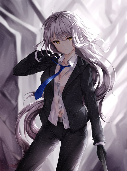 Anime picture 1339x1800 with fate (series) fate/grand order jeanne d'arc (fate) (all) jeanne d'arc alter (fate) wsman single tall image fringe breasts hair between eyes standing holding yellow eyes looking away cleavage silver hair ahoge long sleeves very long hair head tilt