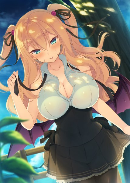 Anime picture 765x1073 with original aotsu karin single long hair tall image looking at viewer blush fringe breasts light erotic blonde hair hair between eyes large breasts standing bare shoulders holding sky cleavage cloud (clouds) outdoors