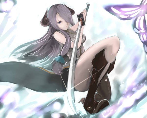 Anime picture 1280x1024 with granblue fantasy narmaya (granblue fantasy) tanshi (tansy520) long hair looking at viewer fringe breasts blue eyes holding purple hair bent knee (knees) parted lips horn (horns) blurry hair over one eye teeth sparkle high heels dutch angle kneeling