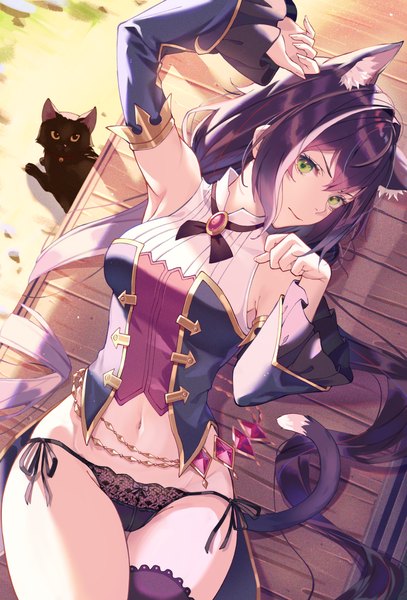 Anime picture 833x1228 with princess connect! re:dive princess connect! karyl (princess connect!) nihnfinite8 single long hair tall image looking at viewer fringe light erotic hair between eyes green eyes animal ears purple hair tail lying animal tail multicolored hair from above cat ears