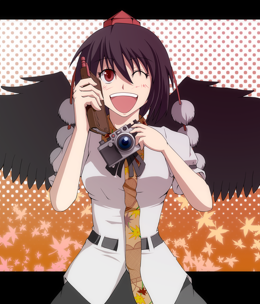 Anime picture 1800x2100 with touhou shameimaru aya s-syogo tall image highres short hair open mouth black hair red eyes one eye closed wink girl dress wings camera pen tokin hat