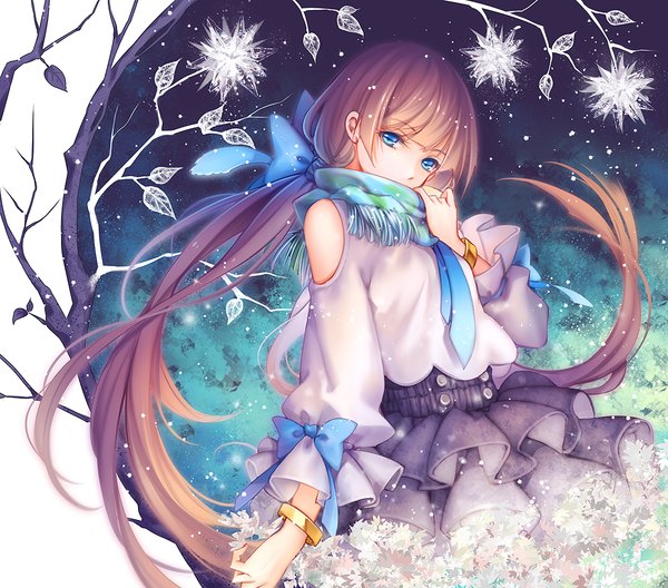 Anime picture 1136x1000 with original tidsean single long hair looking at viewer blue eyes brown hair twintails bare shoulders girl dress bow necktie bracelet scarf leaf (leaves)