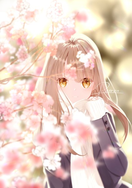Anime picture 2480x3507 with original renren single long hair tall image highres brown hair brown eyes signed upper body outdoors cherry blossoms sleeves past wrists spring girl sweater
