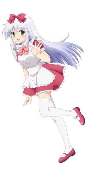 Anime picture 500x999 with alice or alice rise (alice or alice) kuwabara naoko single long hair tall image looking at viewer blush fringe open mouth simple background standing green eyes full body white hair blunt bangs :d arm up official art short sleeves