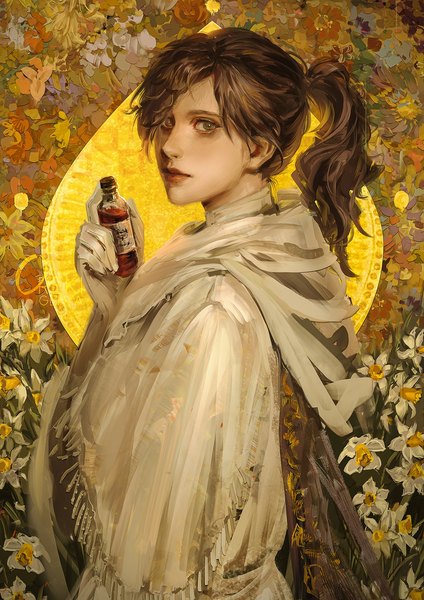 Anime picture 1200x1697 with bloodborne from software iosefka oreki genya single tall image looking at viewer short hair black hair standing holding green eyes signed upper body ponytail turning head girl flower (flowers) bottle