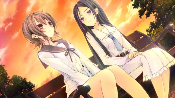 Anime picture 2048x1152 with negai no kakera to hakugin no agreement hajiro mina takachiho sayo manyako (mohumohu) long hair highres short hair black hair smile brown hair wide image purple eyes multiple girls brown eyes game cg light smile girl dress uniform 2 girls