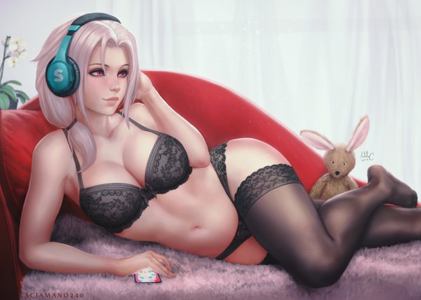 Anime picture 2800x2000 with original chloe (sciamano240) sciamano240 single long hair blush fringe highres light erotic bare shoulders signed payot looking away pink hair cleavage bent knee (knees) indoors lying pink eyes arm up
