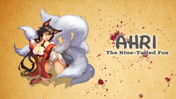 Anime picture 1920x1080 with league of legends ahri (league of legends) flowerinhell nawol single long hair highres open mouth light erotic black hair wide image bare shoulders animal ears yellow eyes tail one eye closed wink inscription kneeling facial mark